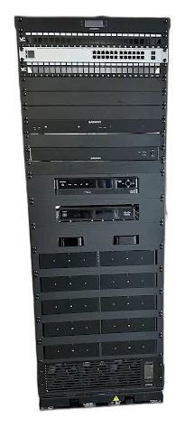 Full-height audio-video equipment rack assembled and wired by Kalieb Designs
