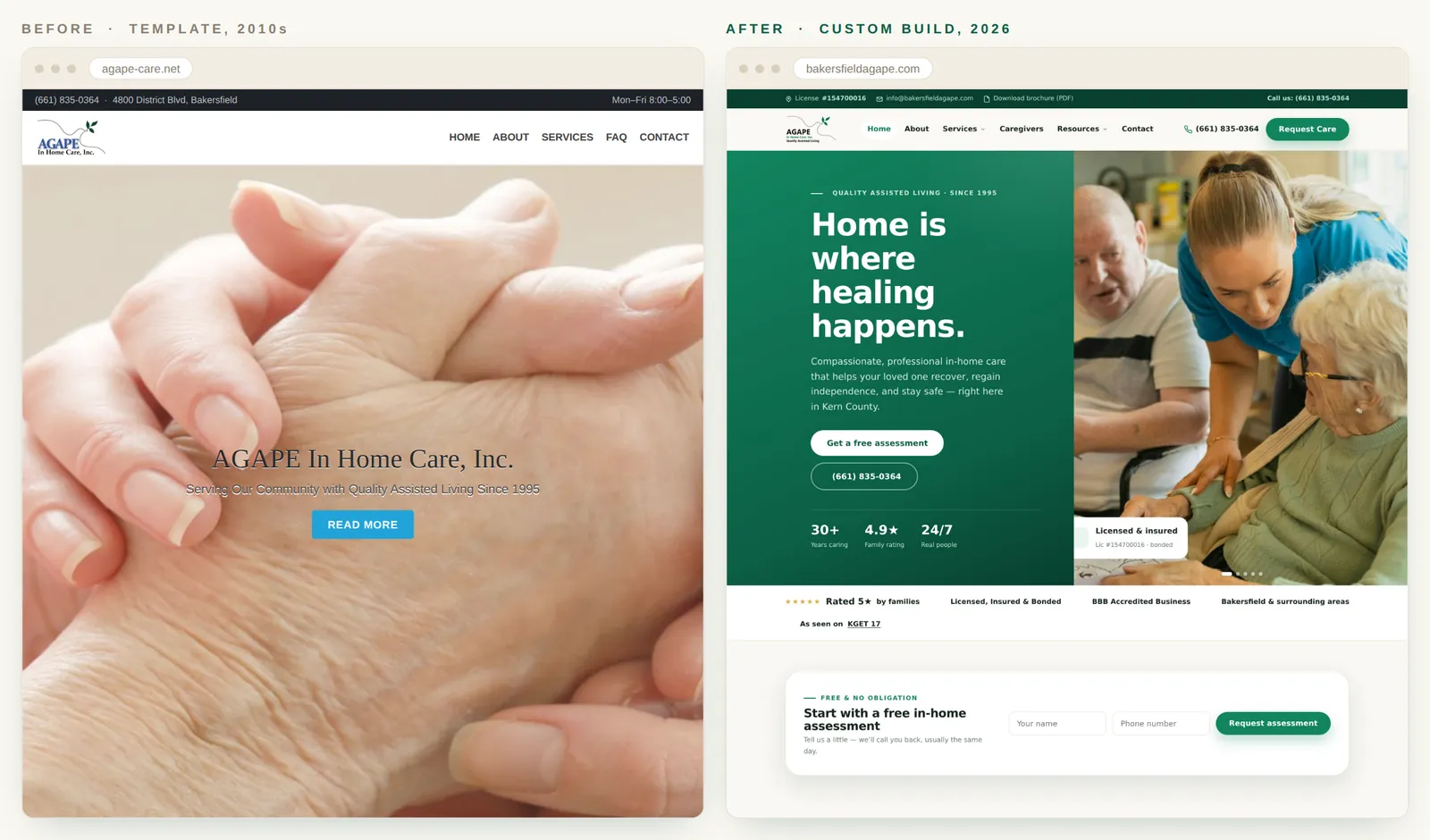 Side by side: the old template site next to the new custom homepage with its warm green hero and trust signals