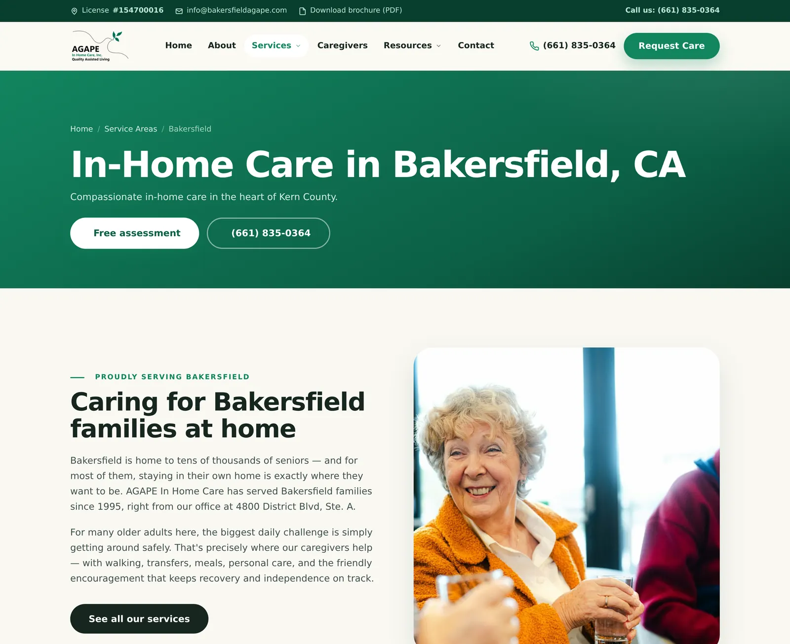 The Bakersfield community page: local copy, the services list, and the surrounding towns the agency serves