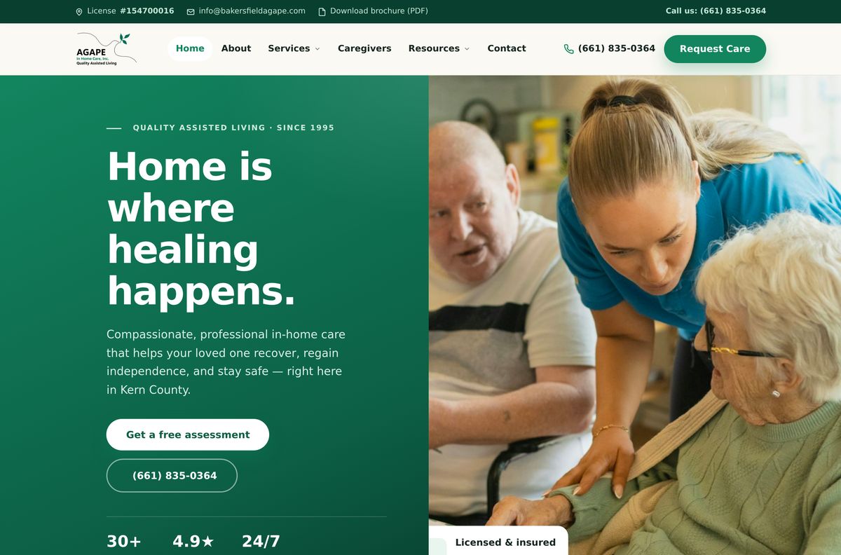 The new AGAPE homepage hero: green color-block design, candid caregiver photo, license number and trust chips