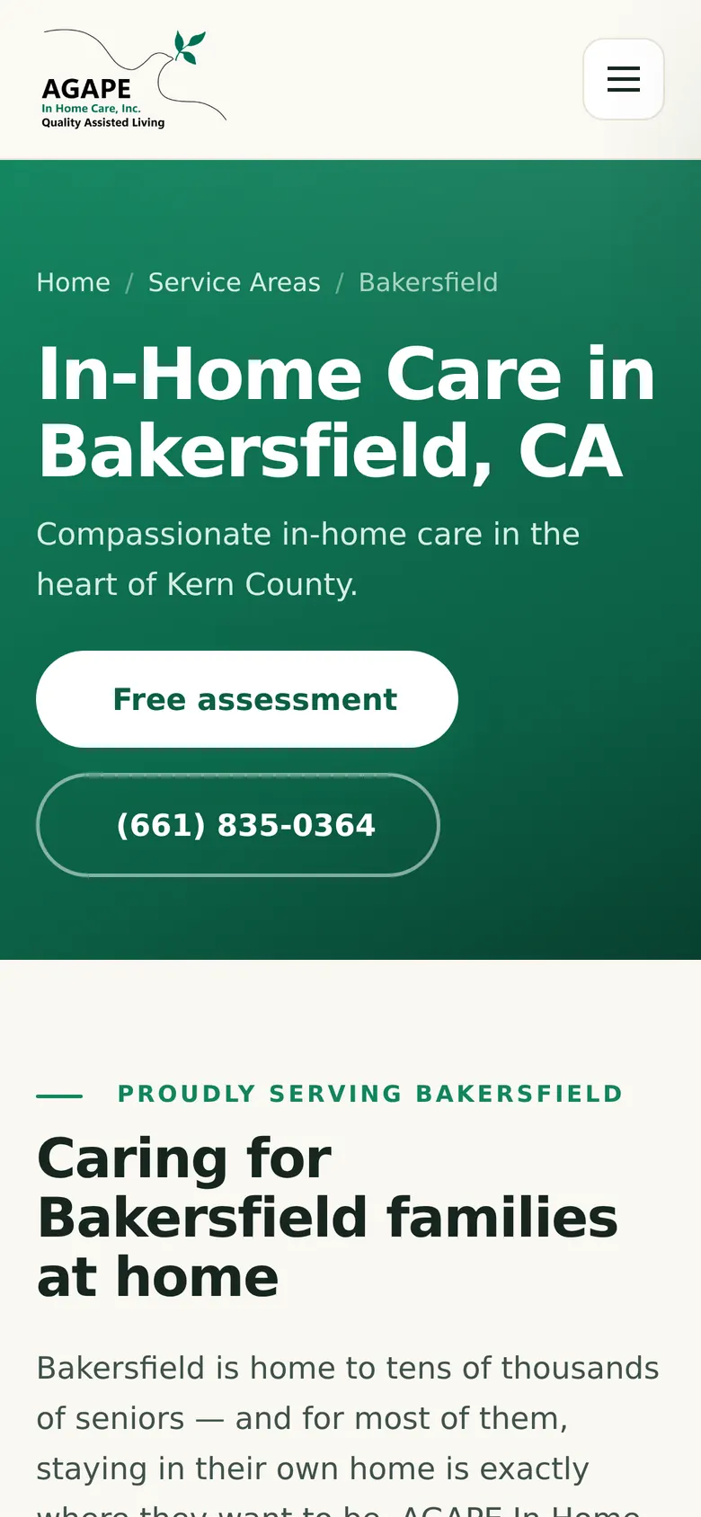 A community landing page on a phone, with local copy and call buttons