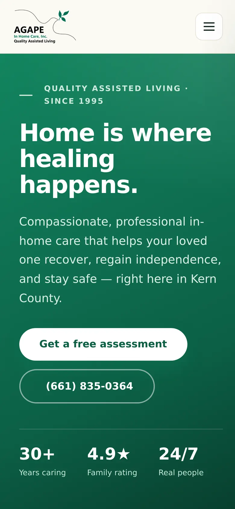 The homepage on a phone: green hero, plain-spoken copy, one-thumb buttons to call or request an assessment