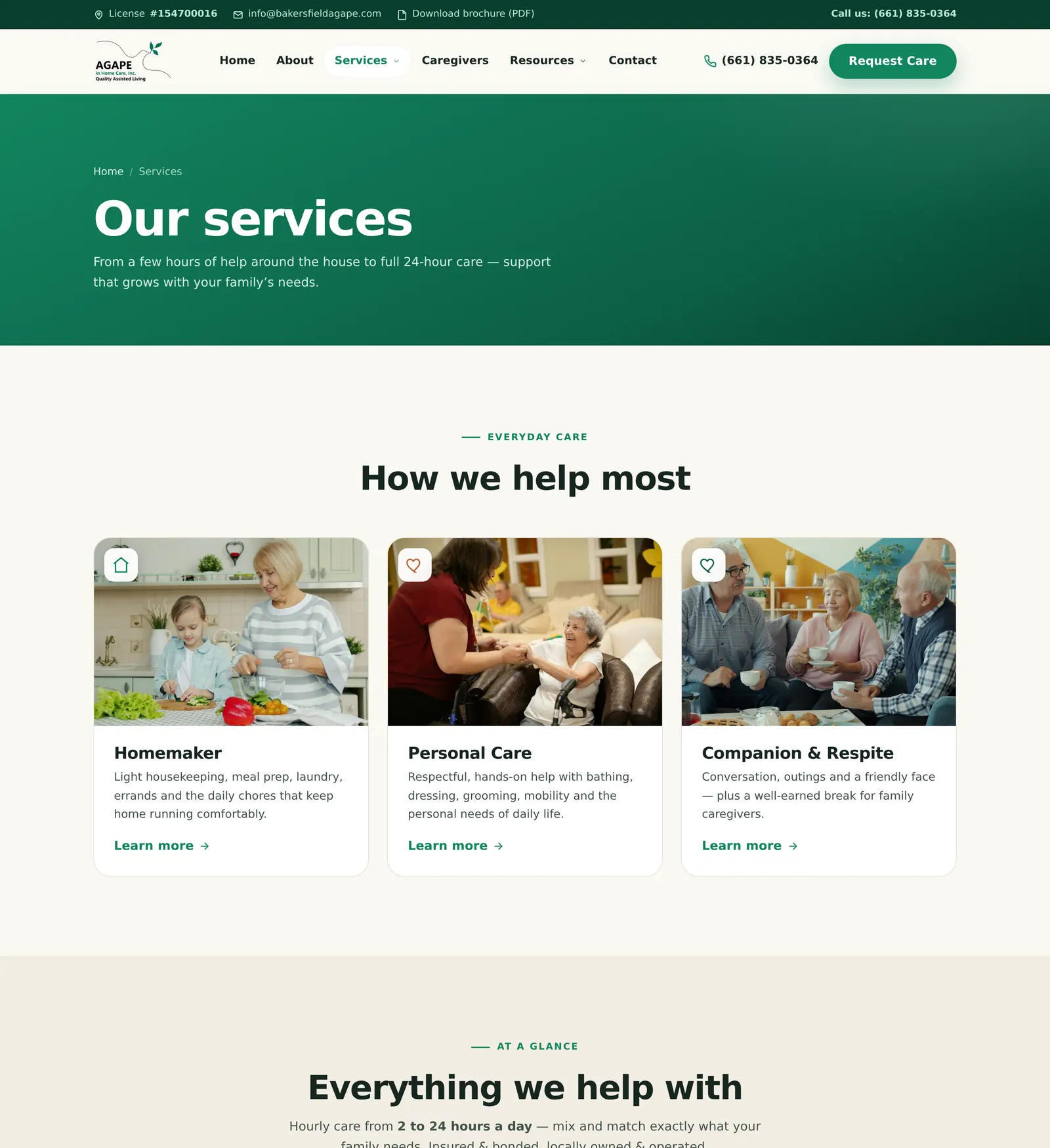 The services page: three everyday-care cards with photos, and an at-a-glance list of everything the agency helps with
