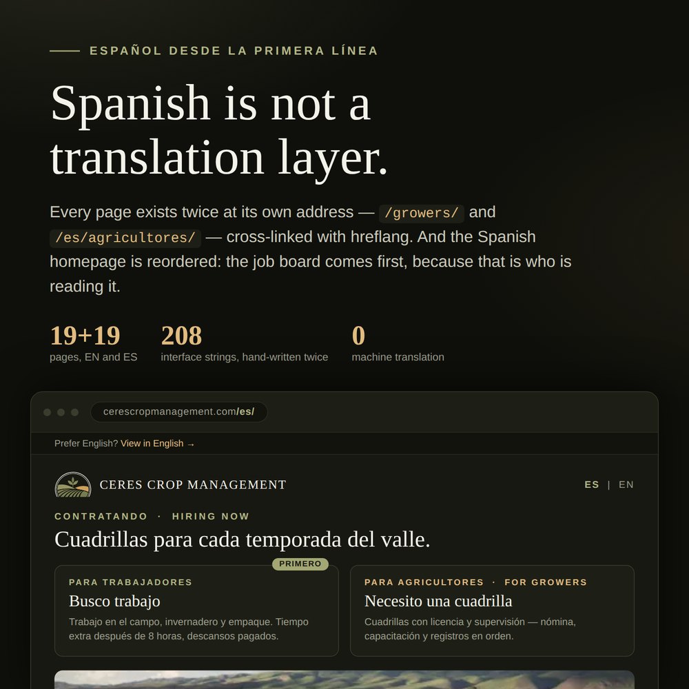 The Spanish homepage at /es/ — reordered so the job board comes first