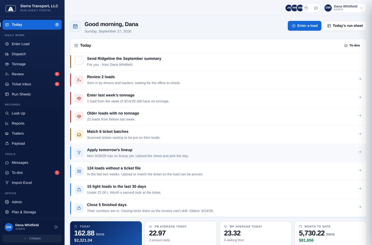 The portal's home screen: a work list of loads to review, tonnage to enter, tickets to match and days ready to close