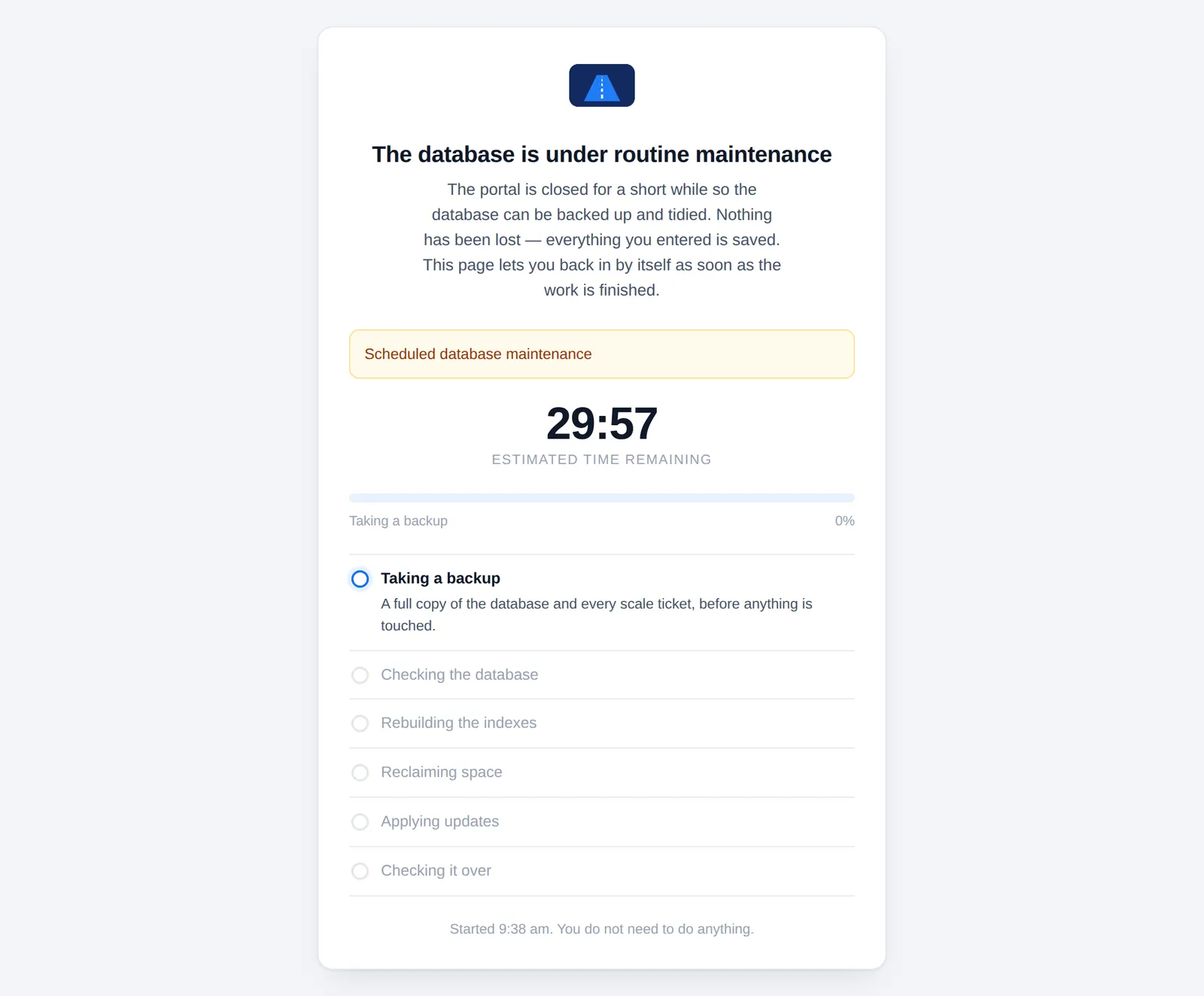 The maintenance page: signed-out users see a countdown and are let back in automatically