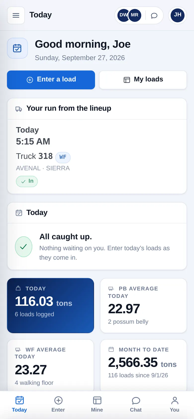 A driver's phone view: only his own runs and loads, with no rates or money shown