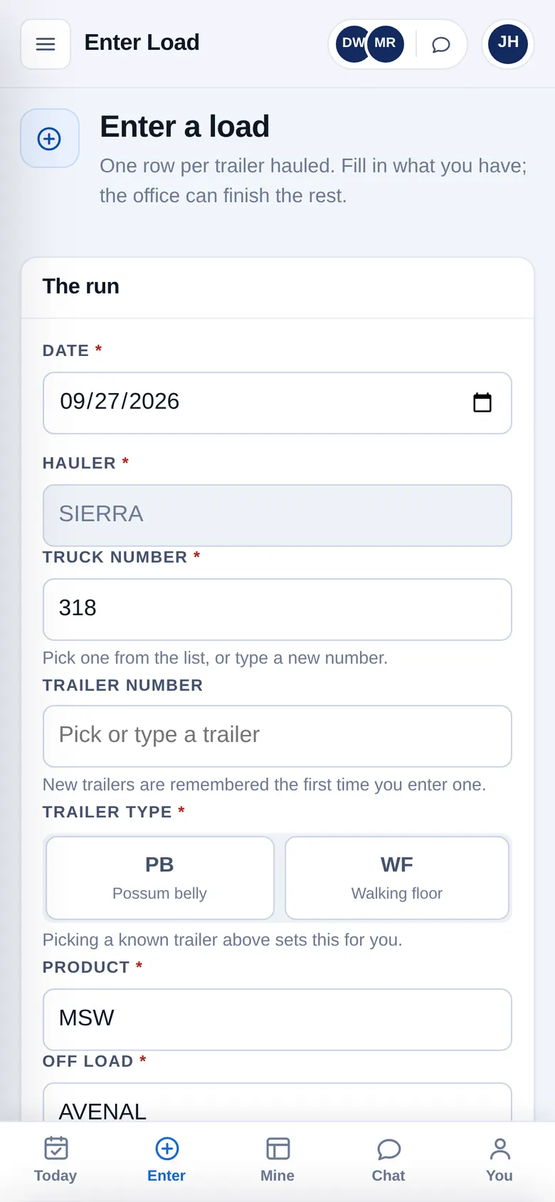 Entering a load from a phone: the form a driver fills at the gate