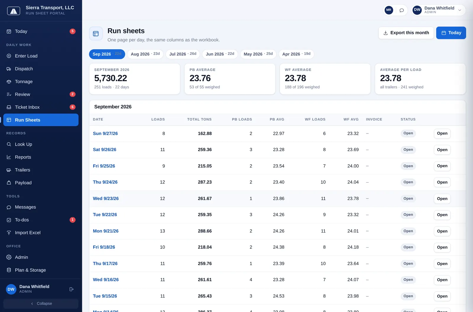 The run sheet index in the portal's light theme; the dark theme is a separate design, not an inversion