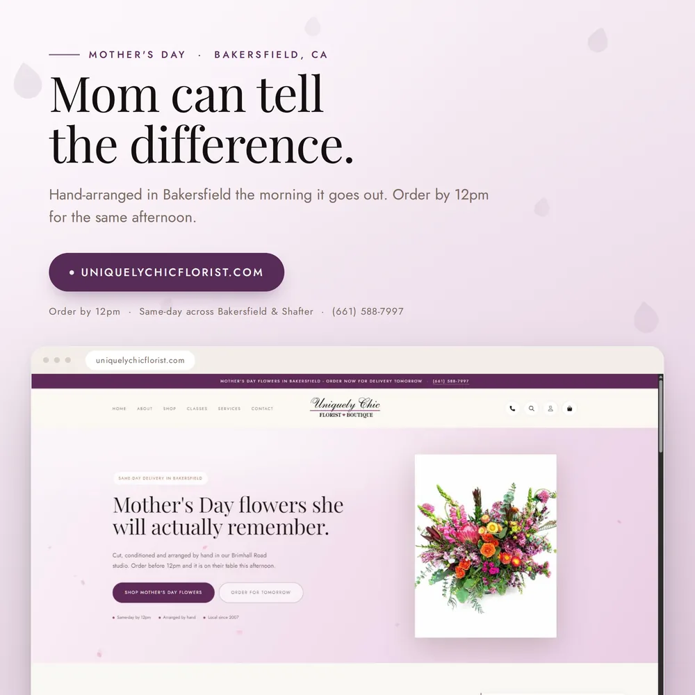 Uniquely Chic storefront in its Mother's Day identity