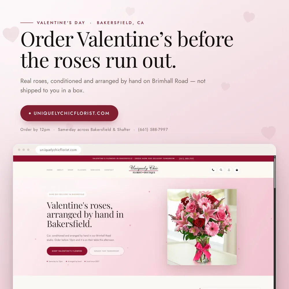 Uniquely Chic storefront in its Valentine's identity