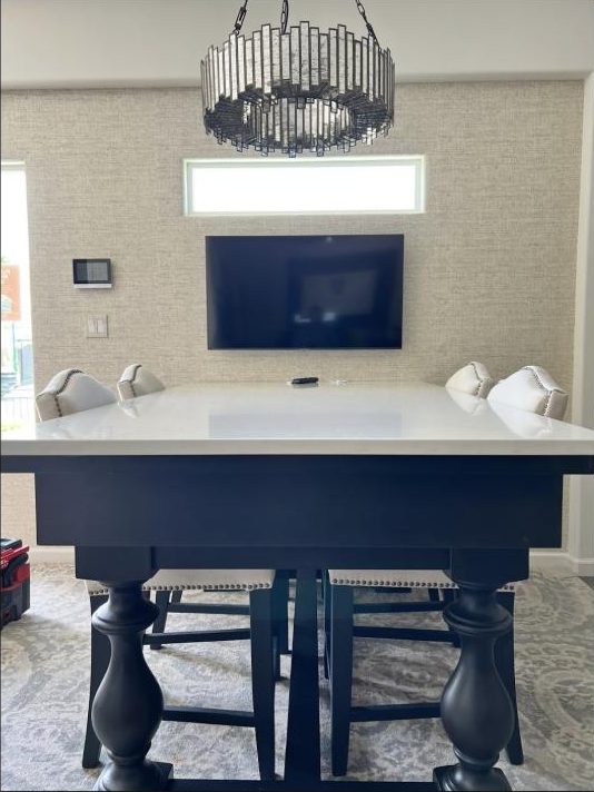 Dining room: Clean placement below the window line.