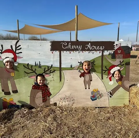 Kids popping their faces into the Cherry Acres reindeer photo board at Christmas on the Farm